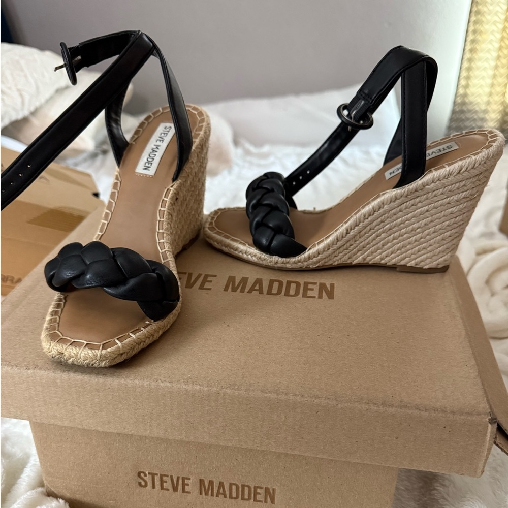 Steve Madden Black and Tan Braided Wedge Sandals